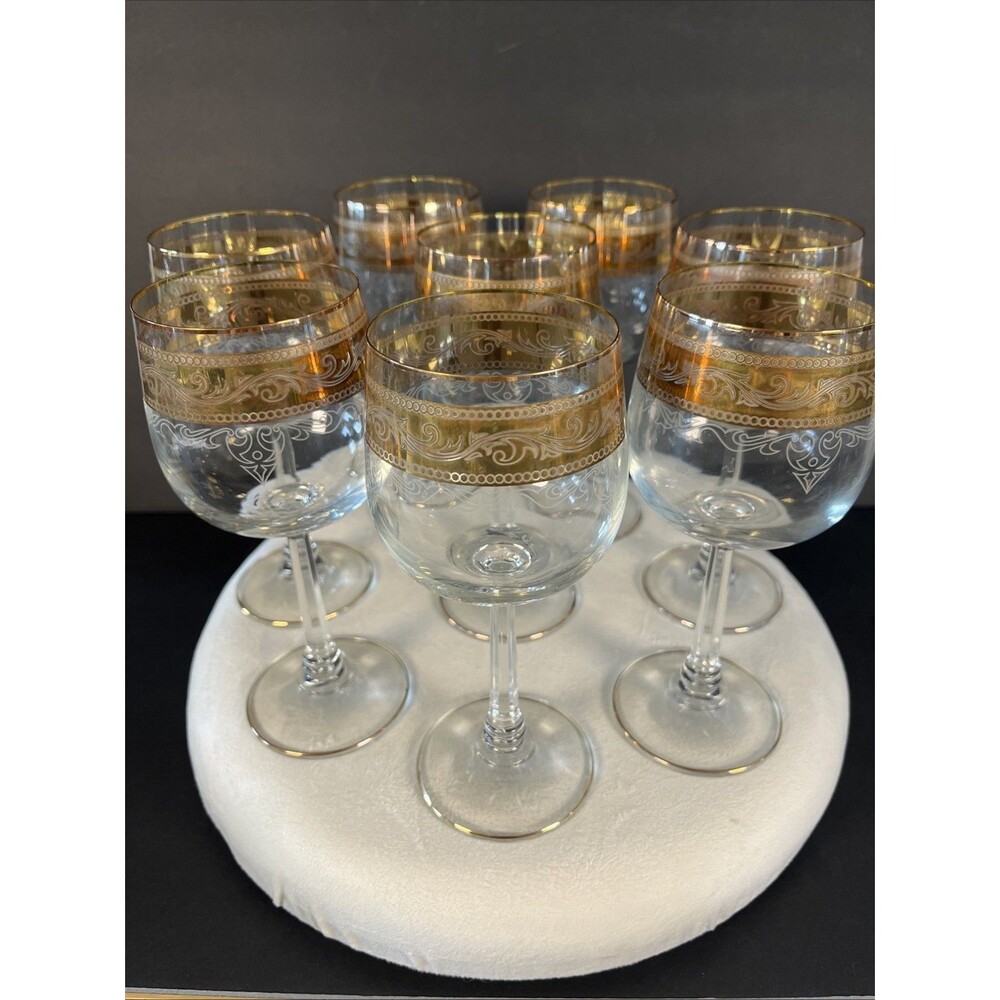 Vintage Stolzle Crystal Wine Goblet Glasses Gold Trim and White Band, Set of 8 - Picture 5 of 12
